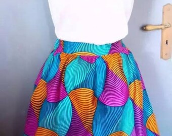 Short Skirt in Blue, Pink, and Orange Wax Print | Wax Skirt | African Skirt with Pockets | Pleated Wax Print Skirt