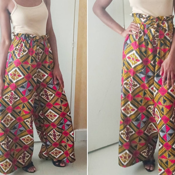 Paper Bag Pants and Loose Palazzo African Fabric Geometric Brown