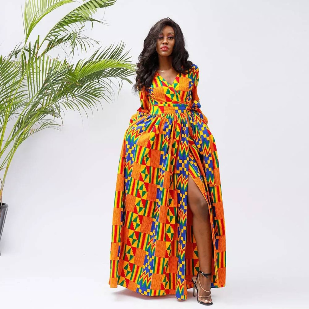 African Long Wallet Dress Kita Print African Printed Dress Long Evening Dress Pagne Wax Wax Dress Long Sleeves Etsy