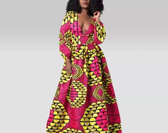 Robe Longue Wax Rose Jaune Fluo| Robe Imprimé Africain| Robe Longue de Soirée Pagne Wax| Robe Wax Longue Manches Longues