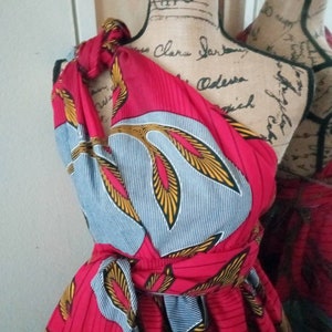 Short Red African Fabric Dress with its Grey Brown Black African Pattern in 100% Cotton or Polycotton |