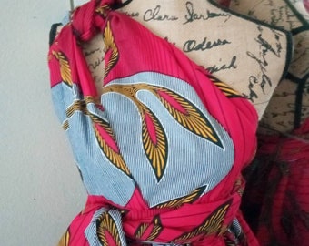 Short Red African Fabric Dress with its Grey Brown Black African Pattern in 100% Cotton or Polycotton |