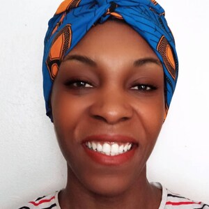 Blue Wax Turban Beanie with Orange Black Pattern