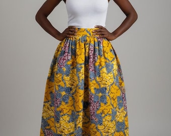 Long Wax Print Skirt in Gray | High-Waisted Wax Print Skirt in Yellow | Long Wax Print Skirt for African Women in Polycotton or 100% Cotton