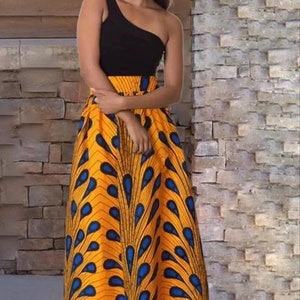 Jupe Wax Longue Taille Haute Jaune| Jupe Longue Africaine Motif Bleu Noir| Jupe Femme Jaune en Imprimé Africain