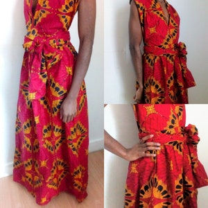 Robe Longue en Pagne Africain Rouge et Jaune avec son Motif Jaune et Noir| Robe Wax Infinity en 100% Coton ou Polycoton