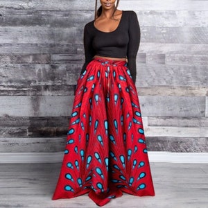 Long Red and Blue African Skirt with its Sky Blue Black Pattern in 100% Cotton or Polycotton