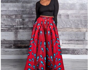 Long Red and Blue African Skirt with its Sky Blue Black Pattern in 100% Cotton or Polycotton