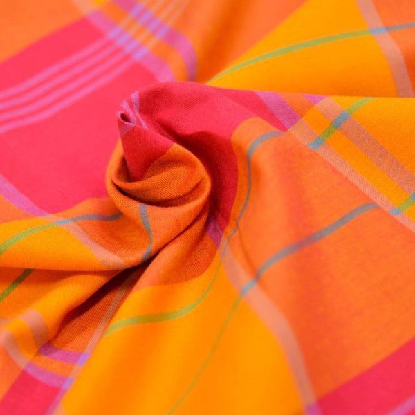 Coupon de Tissu Madras numéro 28 de 100 cm x 140 cm/ Tissu Rose Orange et Jaune vendu par 1 ou 3 Mètres au choix