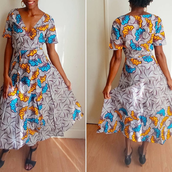 Robe Longue Africaine Portefeuille avec motif Fleurs Jaune et Bleu| Robe Wax| Robe en Pagne Mariage