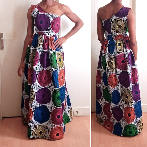 Robe Longue Africaine Tissu Wax Ronds Multicolores Robe Wax Sans Manches avec une Epaule Robe de Soiree Plusieurs Coloris Disponibles Etsy France