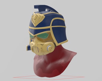 Puede incluir: Un casco azul y dorado con visera y máscara de gas. El casco está en un soporte rojo.