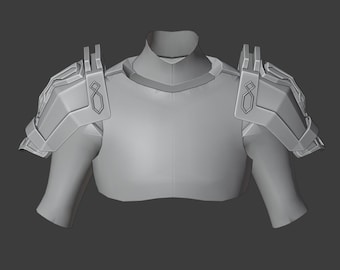Puede incluir: Un modelo 3D gris de un par de hombreras con un cuello alto. Las hombreras tienen un diseño geométrico con bordes elevados.