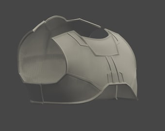 May include: A grey, 3D printed, plastic armour piece for cosplay or costume making. The piece is designed to fit the chest and shoulders, and has a textured surface.