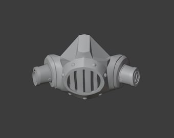 May include: A grey 3D printed mask with a metal grille over the mouth and two tubes on the sides.