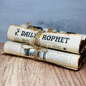 May include: Rolled-up newspapers tied with twine. The headline "DAILY PROPHET" is visible on the front of the top newspaper. The newspapers are on a wooden surface with a gray background.