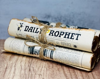May include: Rolled-up newspapers tied with twine. The headline "DAILY PROPHET" is visible on the front of the top newspaper. The newspapers are on a wooden surface with a gray background.