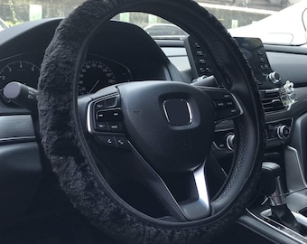 black Cikuso Fluffy fur plain steering wheel car cover car truck suv elegent washable