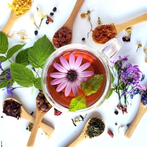 May include: A glass cup filled with a pink herbal tea blend with a purple flower and green mint leaves. The cup is surrounded by various dried herbs and flowers in small wooden spoons.