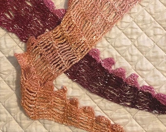 Light-weight Hand Crocheted triangle scarf in Mulberry and Peach Ombre No. 009
