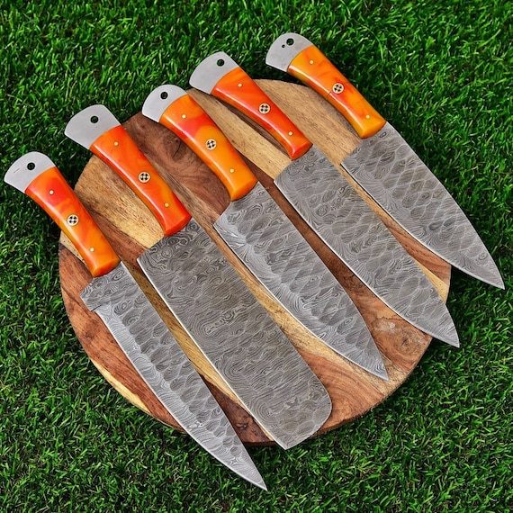 Handmade Damascus Kitchen Knife Set - Chef's Knife Set With Forging Mark  Blades - Kitchen knives