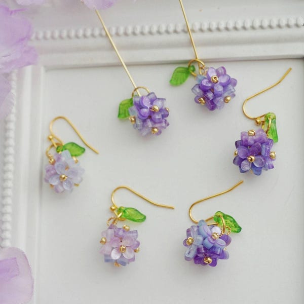 Boucles d'oreilles hortensia violet jolies boucles d'oreilles florales boucles d'oreilles kawaii Boucles d'oreilles Cottagecore cadeau fête des mères cadeau de Noël