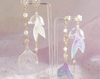 Mermaid Tail Earrings, Mermaid Gift,  Mermaid Jewelry, jellyfish earrings Funk Lucite Earrings, Kitsch,  Fantasy Earrings, Fish Tail