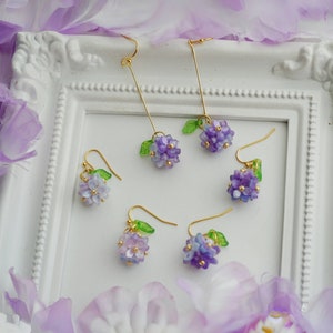 Boucles d'oreilles hortensia violet jolies boucles d'oreilles fleurs boucles d'oreilles kawaii boucles d'oreilles tendance