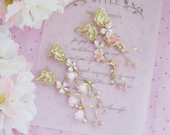 Butterfly Statement Drop Earrings ,Social Butterfly Earrings ,Long Earrings ,Korean Style Earrings ,Gift for her,flower butterfly earring