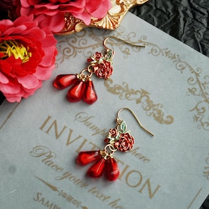 Red Flower  Earrings, Red Long Earrings, Floral Earrings, Red Rose Earrings, Red Dangle Earrings, Handmade Earrings, christmas gift