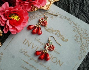 Red Flower  Earrings, Red Long Earrings, Floral Earrings, Red Rose Earrings, Red Dangle Earrings, Handmade Earrings, christmas gift