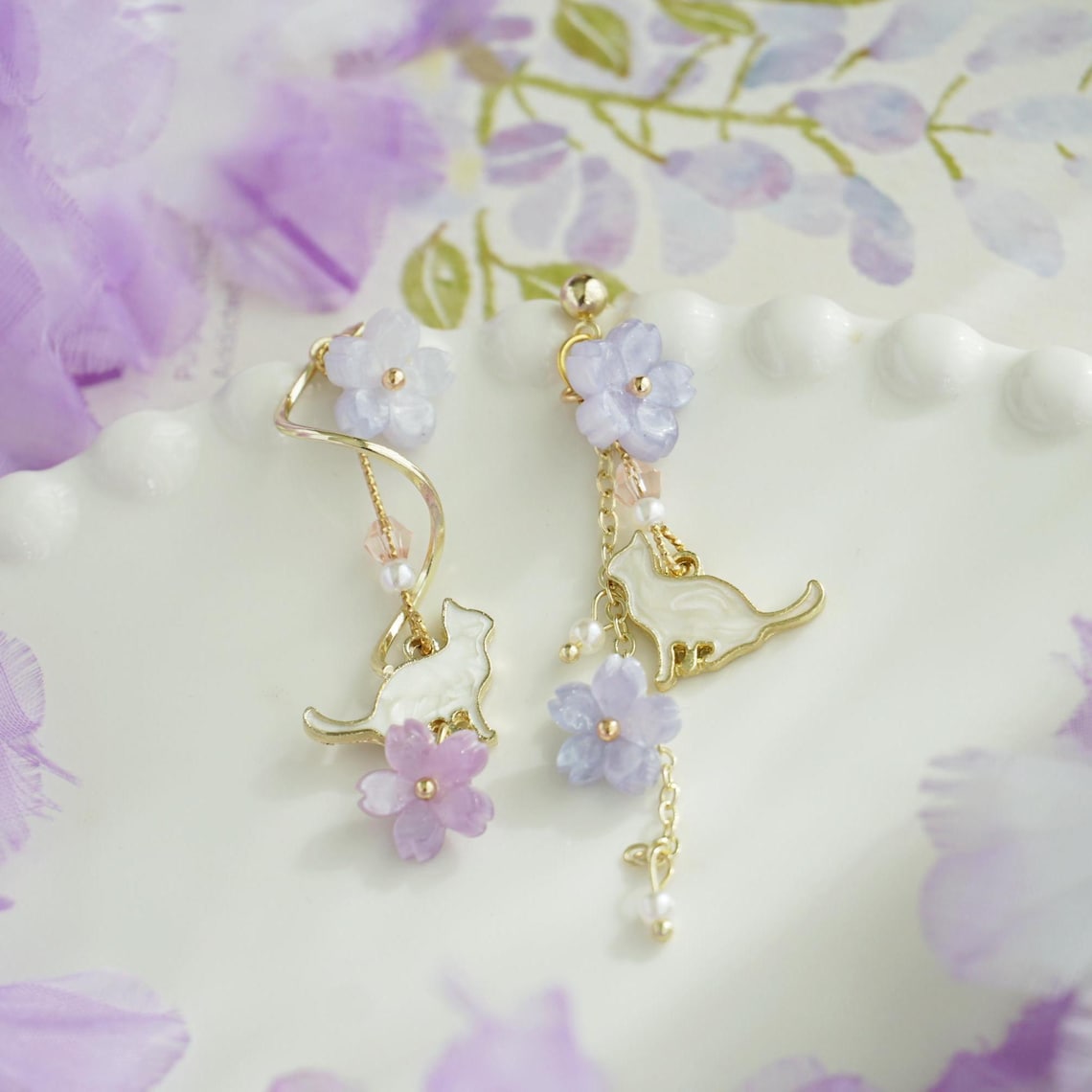 Purple sakura&cat Earrings