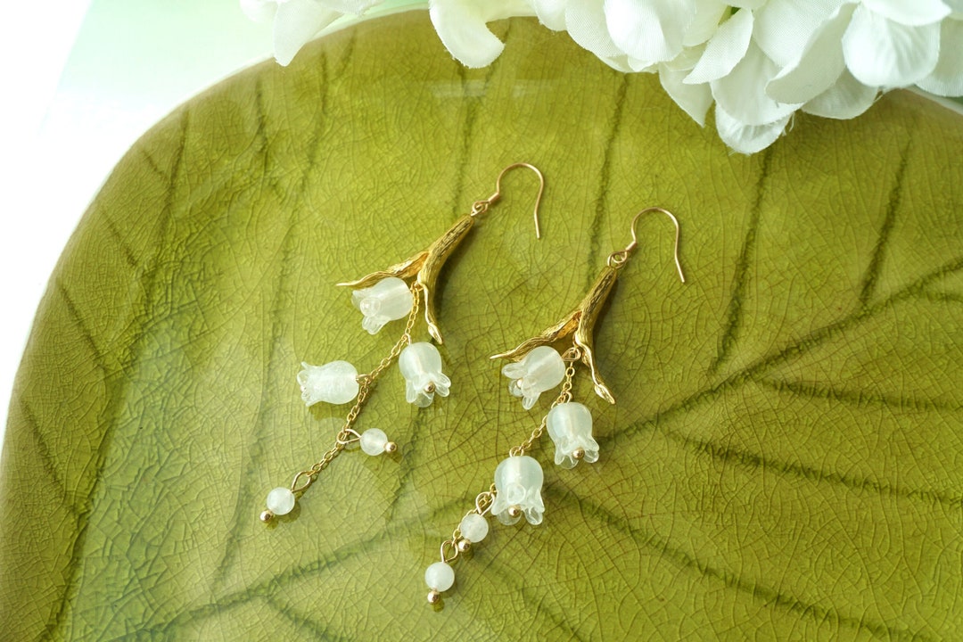 Lily of the Valley Earrings,floral Earrings,cute Earrings,butterfly Earrings,golden Earrings