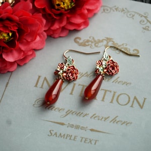Red Flower  Earrings, Red Long Earrings, Floral Earrings, Red Rose Earrings, Red Dangle Earrings, Handmade Earrings, christmas gift