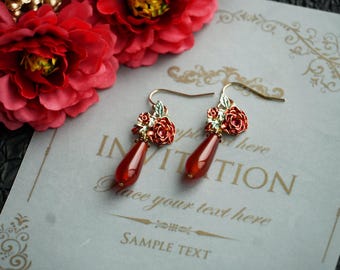 Red Flower  Earrings, Red Long Earrings, Floral Earrings, Red Rose Earrings, Red Dangle Earrings, Handmade Earrings, christmas gift