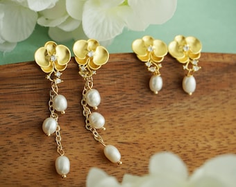 Gold plated orchid earrings,floral earrings,cute earrings, botanical earrings.wedding earrings,romantic earrings,fairy earrings,gift for her
