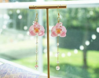 Pendientes de orquídea rosa, pendientes florales, pendientes bonitos, pendientes de flores, pendientes de verano, pendientes románticos, pendientes de hadas, regalo para ella, pendientes de boda