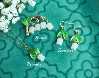 Maiglöckchen-Brosche, weiße Blumenbrosche, Jade-Brosche, elegante Brosche, einzigartige Vintage-Brosche, Geschenk, Kleid-Brosche, Mai-Geburtstagsgeschenk