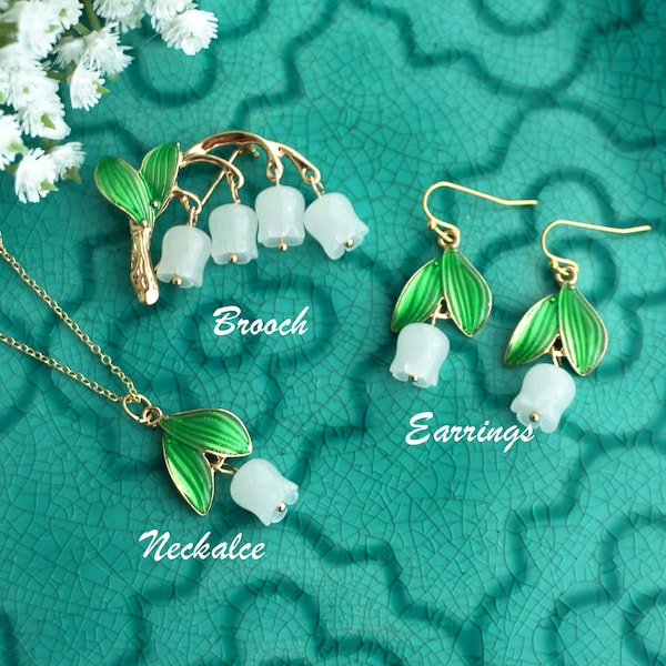 Maiglöckchen-Brosche, weiße Blumenbrosche, Jade-Brosche, elegante Brosche, einzigartige Vintage-Brosche, Geschenk, Kleid-Brosche, Mai-Geburtstagsgeschenk