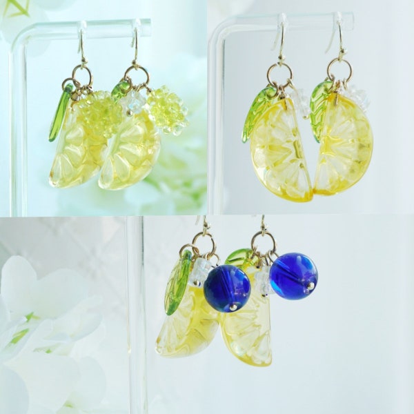 Lemon earrings yellow orange earrings cute fruit earrings food earrings lemon slice earrings