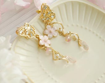 Butterfly Statement Drop Earrings ,Social Butterfly Earrings ,Long Earrings ,Korean Style Earrings ,Gift for her,flower butterfly earring