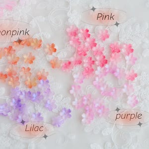 May include: A collection of small, delicate flower embellishments in shades of salmon, pink, and lilac. The image includes text labels: "Salmonpink", "Pink", "Lilac", and "purple". The flowers are scattered on a white, lacy background.