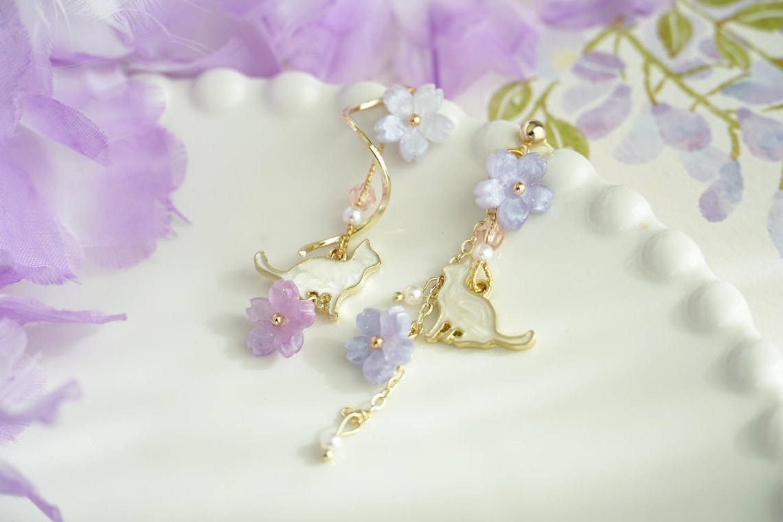Purple sakura&cat Earrings