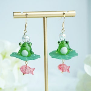 Cute frog and fish earrings frog earrings kawaii earrings statement earrings fishing frog earrings
