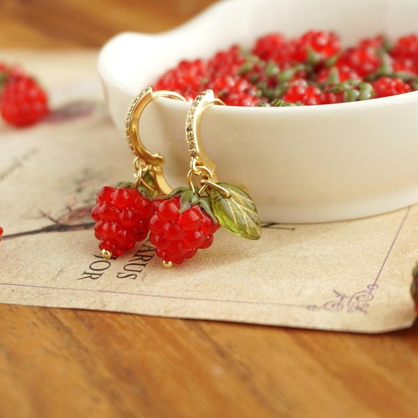 Cute raspberry earrings red berry earrings fruit earrings summer earrings gift for her