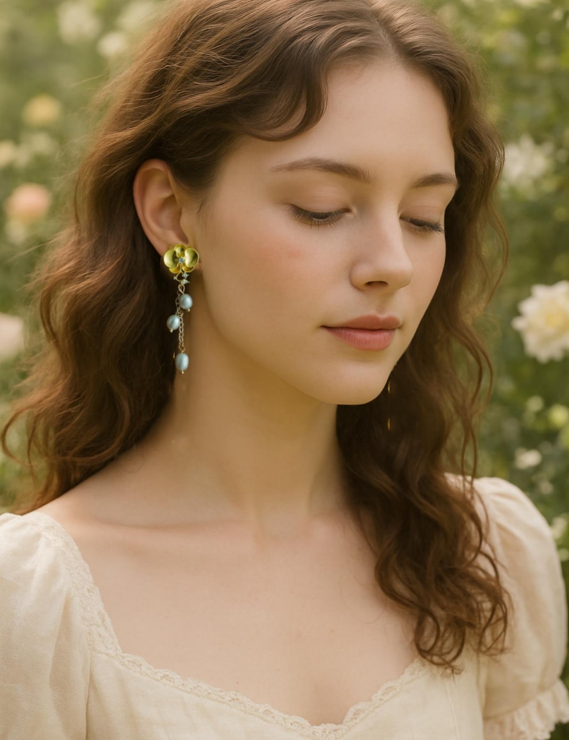 Golden orchid earrings with fresh water pearl drop