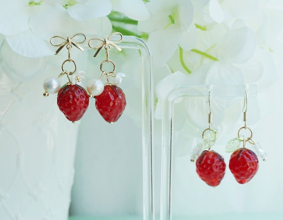 Strawberry Earrings, Glass Red Strawberry Drop Earrings