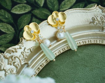 Gold plated orchid earrings,floral earrings,cute earrings, botanical earrings.wedding earrings,romantic earrings,fairy earrings,gift for her