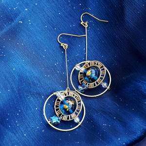Celestial Timekeeper Earrings Planet Earrings, Clock earrings,Planet drop Earrings, Space Fringe Dangle Earrings, Galaxy Drop Earrings