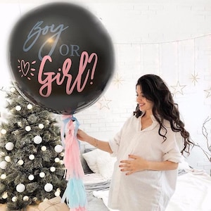 Boy or Girl XXL Gender Reveal Balloon in black with pink and blue confetti for your baby shower